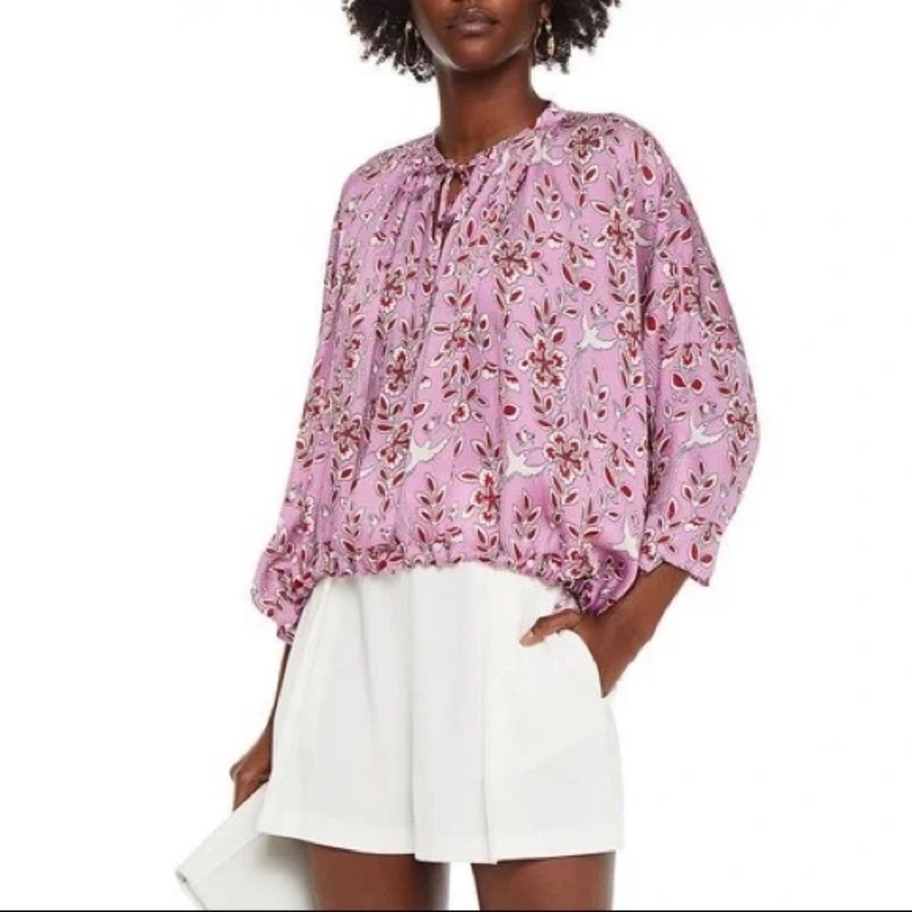 Rhode Helene Lavender Gathered Printed Crepe De Chine Blouse L